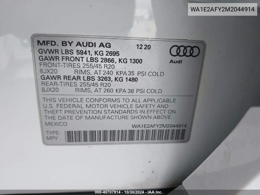 2021 Audi Q5 Premium Plus 55 Tfsi E Quattro S Tronic VIN: WA1E2AFY2M2044914 Lot: 40707914