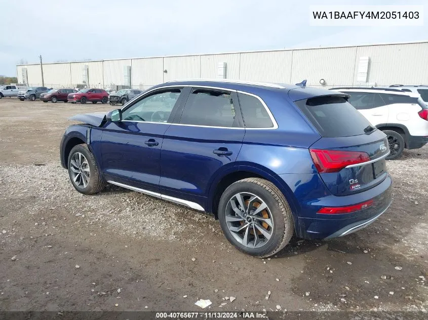 2021 Audi Q5 Premium Plus 45 Tfsi Quattro S Tronic VIN: WA1BAAFY4M2051403 Lot: 40765677