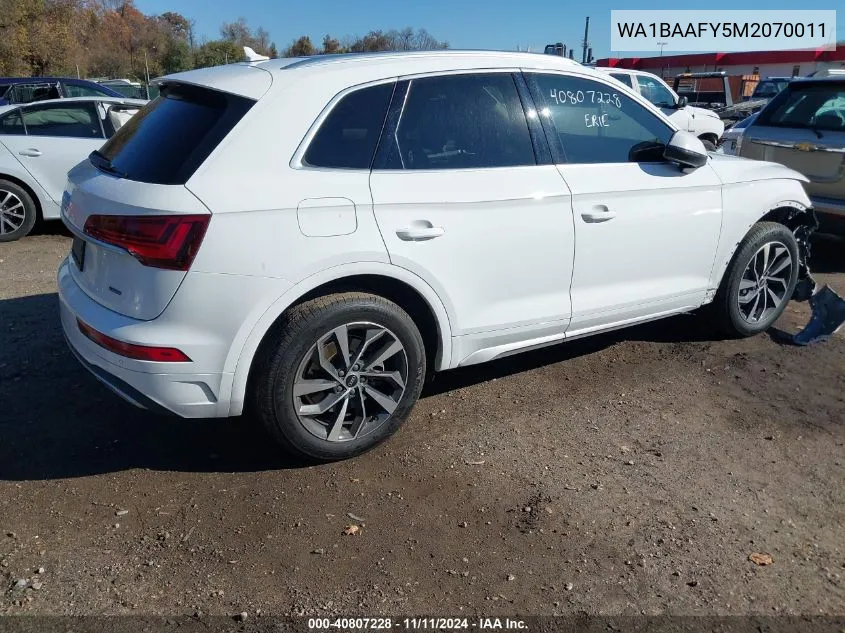 2021 Audi Q5 Premium Plus 45 Tfsi Quattro S Tronic VIN: WA1BAAFY5M2070011 Lot: 40807228