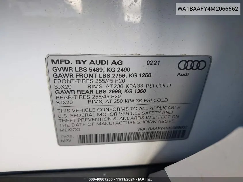 2021 Audi Q5 Premium Plus 45 Tfsi Quattro S Tronic VIN: WA1BAAFY4M2066662 Lot: 40807230