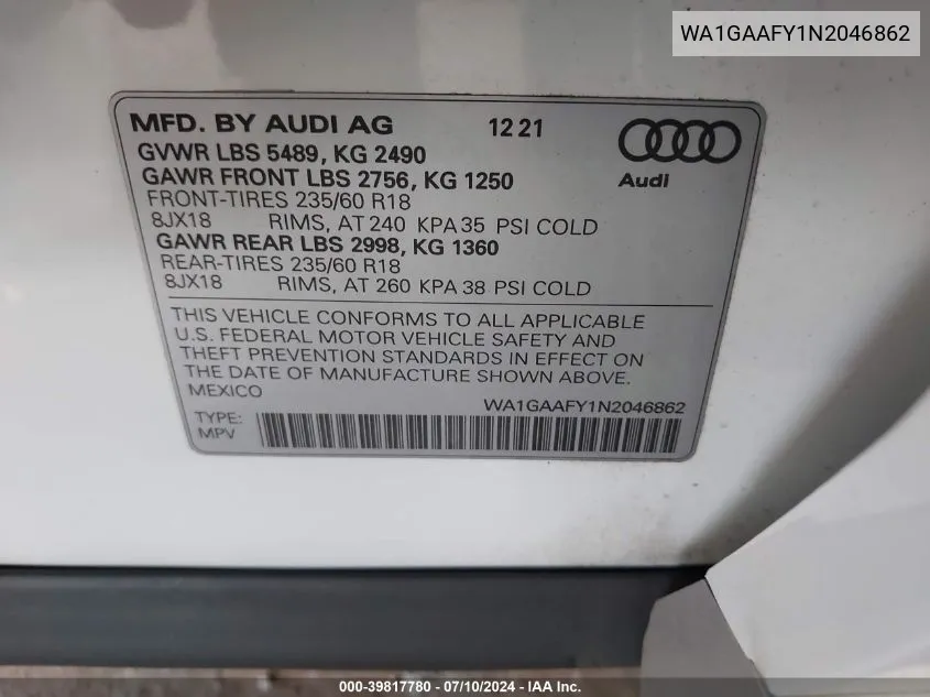 2022 Audi Q5 Premium 45 Tfsi S Line Quattro S Tronic VIN: WA1GAAFY1N2046862 Lot: 39817780