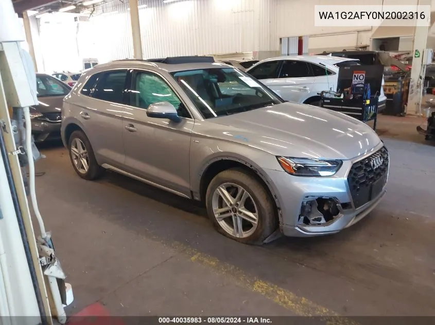 2022 Audi Q5 Premium 55 Tfsi E S Line Quattro S Tronic VIN: WA1G2AFY0N2002316 Lot: 40035983