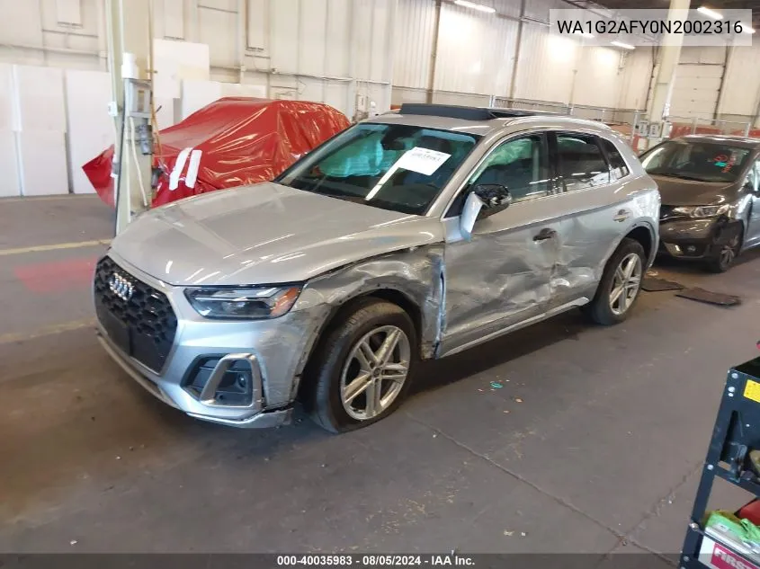 2022 Audi Q5 Premium 55 Tfsi E S Line Quattro S Tronic VIN: WA1G2AFY0N2002316 Lot: 40035983