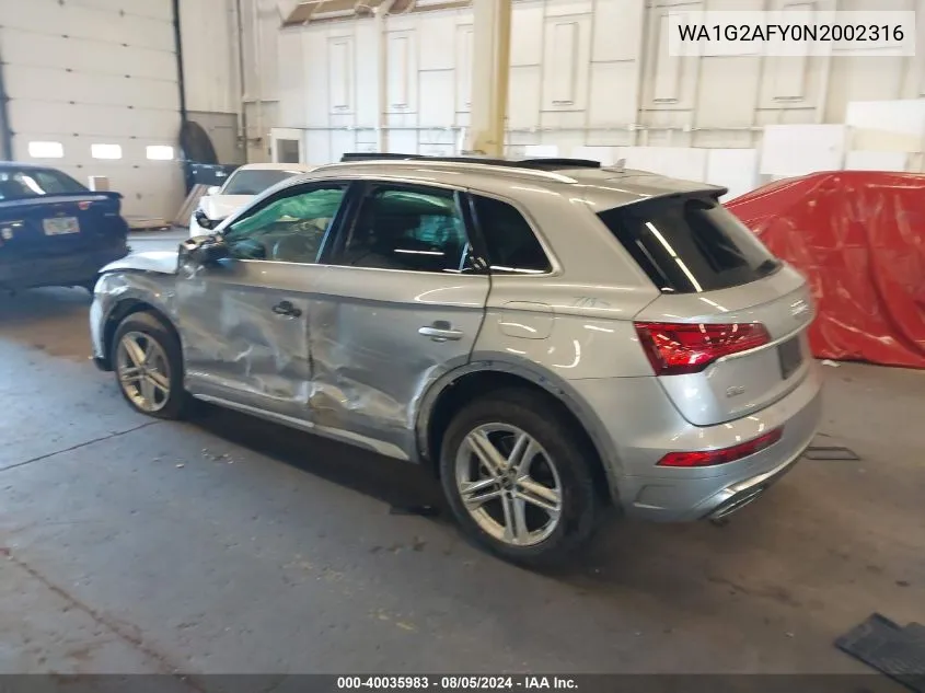 2022 Audi Q5 Premium 55 Tfsi E S Line Quattro S Tronic VIN: WA1G2AFY0N2002316 Lot: 40035983