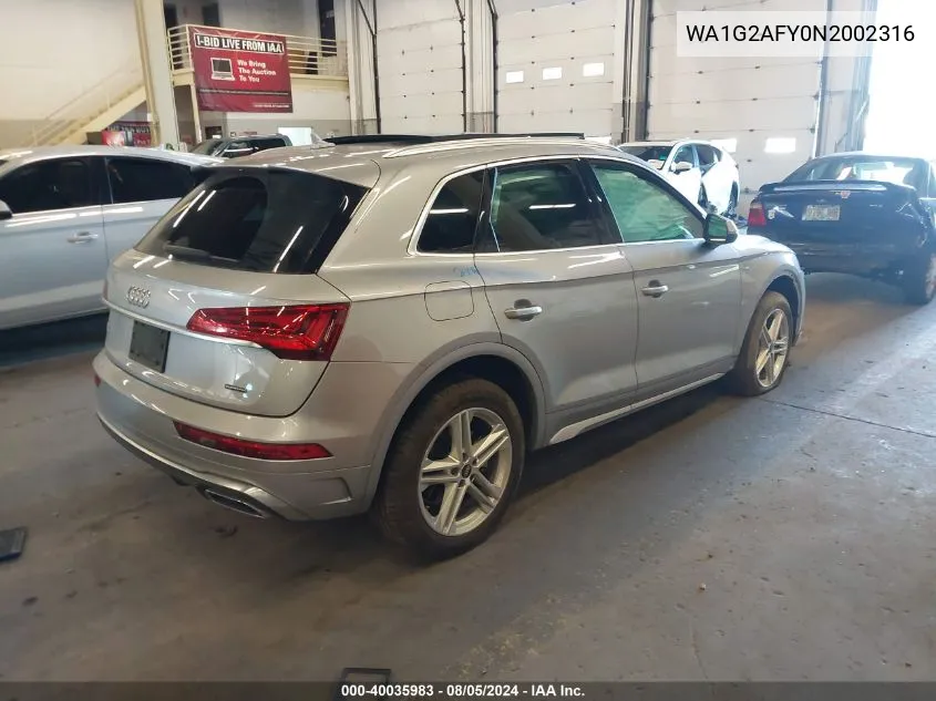 2022 Audi Q5 Premium 55 Tfsi E S Line Quattro S Tronic VIN: WA1G2AFY0N2002316 Lot: 40035983