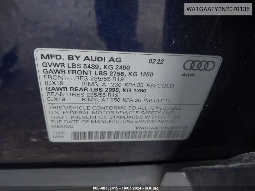 2022 Audi Q5 Premium 45 Tfsi S Line Quattro S Tronic VIN: WA1GAAFY2N2070135 Lot: 40332415