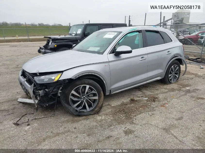 2022 Audi Q5 Premium Plus 45 Tfsi S Line Quattro S Tronic VIN: WA1EAAFY5N2058178 Lot: 40869433