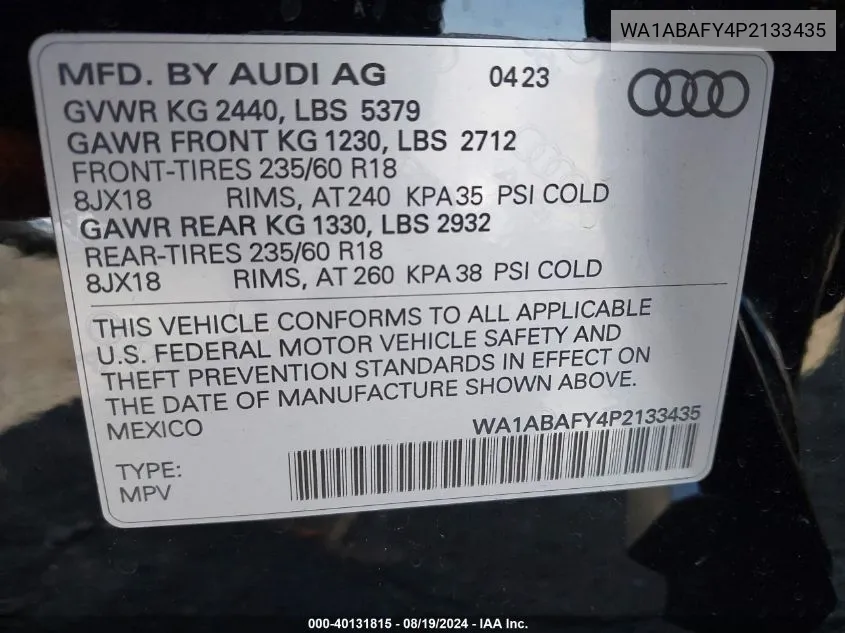 2023 Audi Q5 Premium 40 Tfsi Quattro S Tronic VIN: WA1ABAFY4P2133435 Lot: 40131815