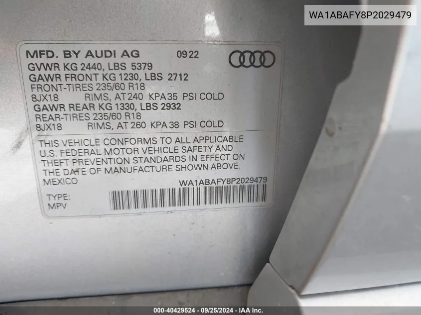 2023 Audi Q5 Premium 40 Tfsi Quattro S Tronic VIN: WA1ABAFY8P2029479 Lot: 40429524