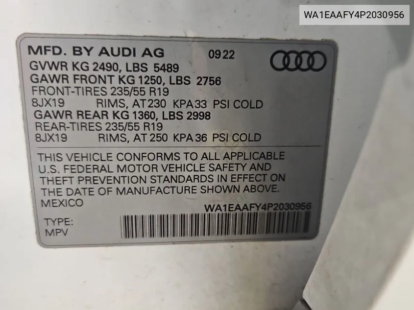 2023 Audi Q5 Premium Plus 45 VIN: WA1EAAFY4P2030956 Lot: 40845226