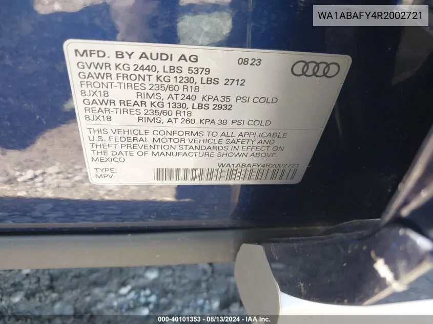 2024 Audi Q5 Premium 40 Tfsi Quattro S Tronic VIN: WA1ABAFY4R2002721 Lot: 40101353