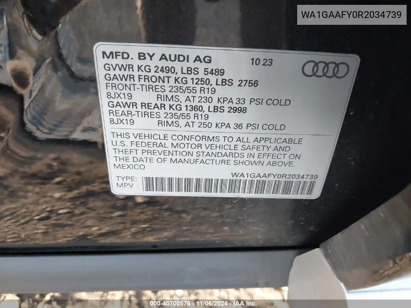 2024 Audi Q5 Premium 45 Tfsi S Line Quattro VIN: WA1GAAFY0R2034739 Lot: 40700576