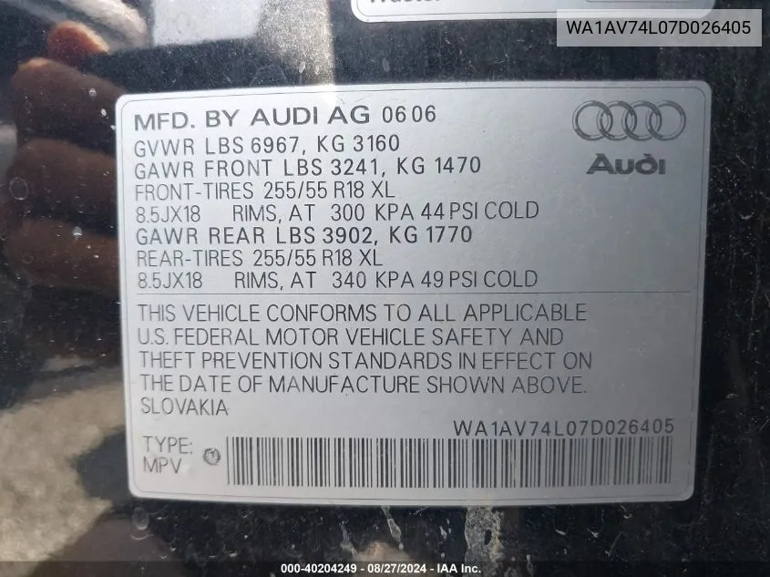 WA1AV74L07D026405 2007 Audi Q7 4.2