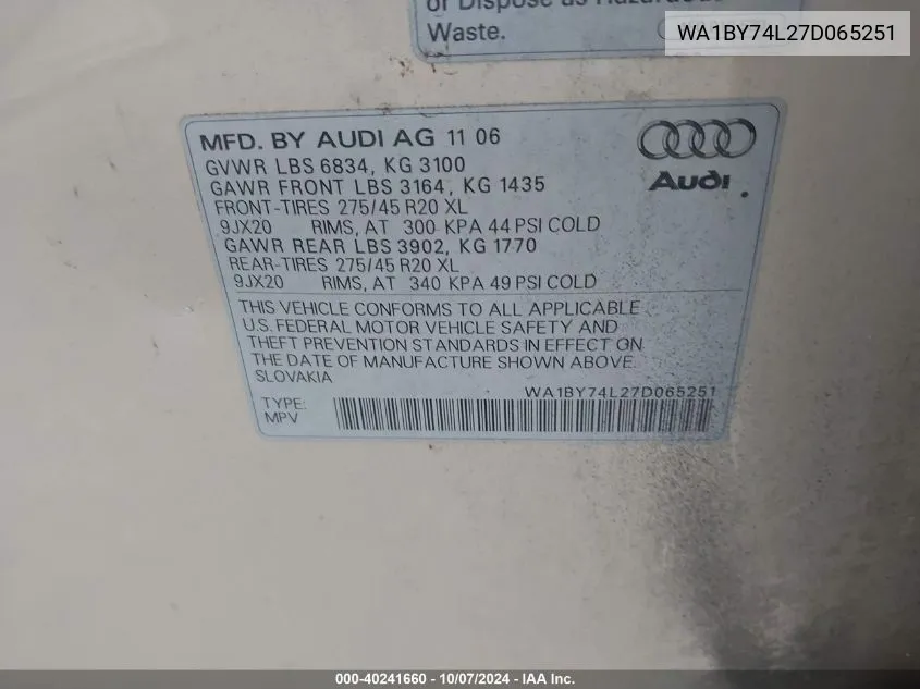 2007 Audi Q7 3.6 Premium VIN: WA1BY74L27D065251 Lot: 40241660