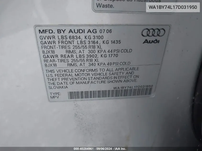 WA1BY74L17D031950 2007 Audi Q7 3.6 Premium