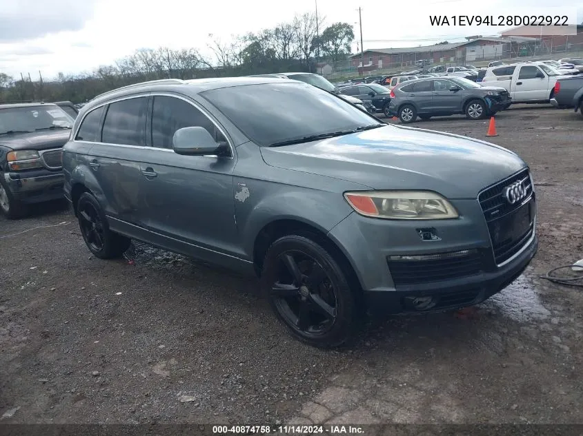 2008 Audi Q7 4.2 Premium VIN: WA1EV94L28D022922 Lot: 40874758