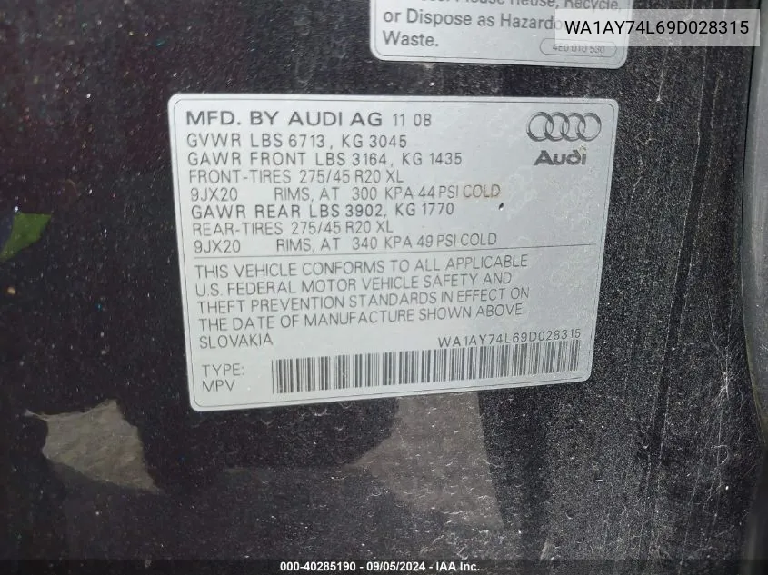 WA1AY74L69D028315 2009 Audi Q7 3.6 Premium