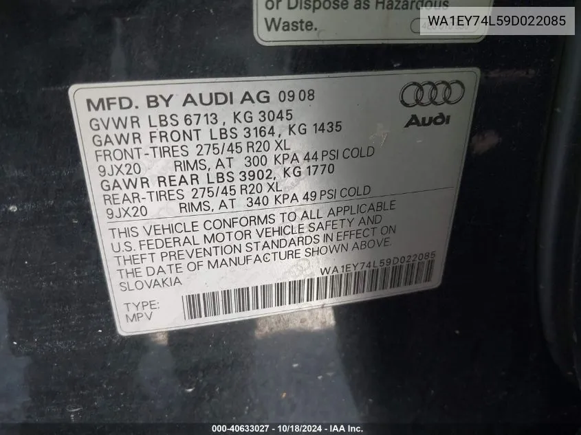 2009 Audi Q7 3.6 Premium VIN: WA1EY74L59D022085 Lot: 40633027