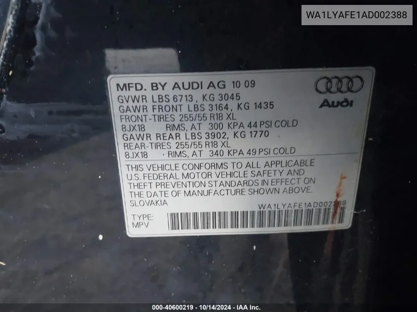 2010 Audi Q7 3.6 Premium VIN: WA1LYAFE1AD002388 Lot: 40600219