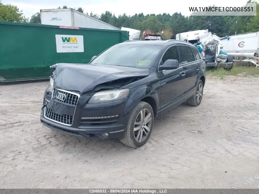 2012 Audi Q7 VIN: WA1VMCFE1CD008551 Lot: 12080532