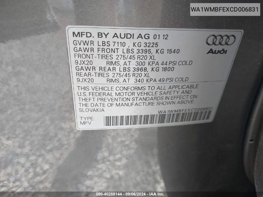 WA1WMBFEXCD006831 2012 Audi Q7 3.0 Tdi Premium