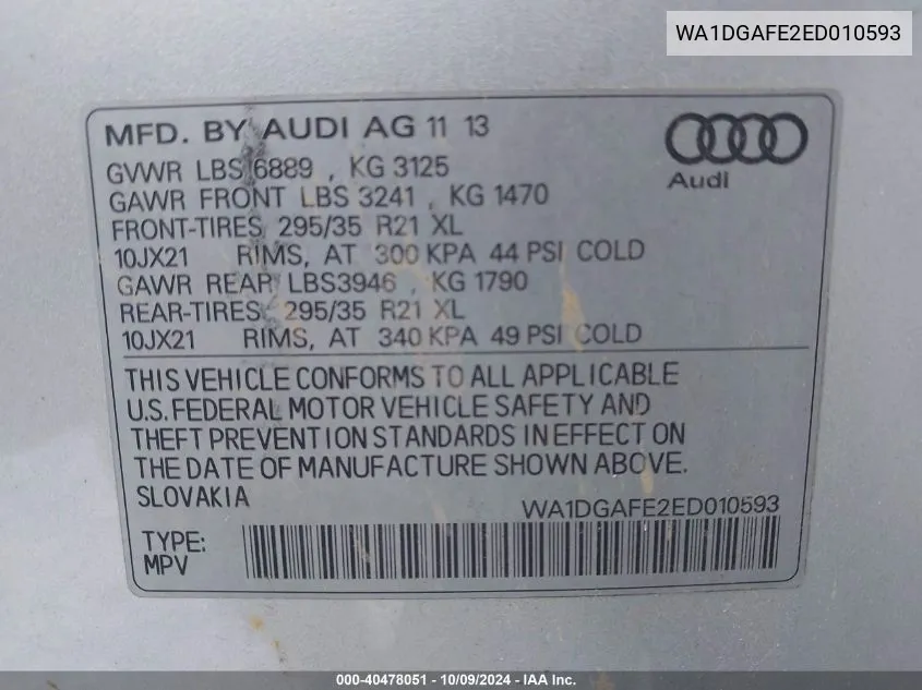 2014 Audi Q7 Prestige VIN: WA1DGAFE2ED010593 Lot: 40478051