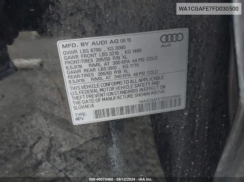 WA1CGAFE7FD030500 2015 Audi Q7 3.0T Premium