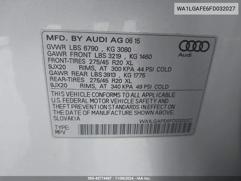 2015 Audi Q7 3.0T Premium VIN: WA1LGAFE6FD032027 Lot: 40774467