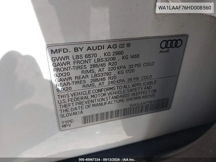 WA1LAAF76HD008560 2017 Audi Q7 3.0T Premium