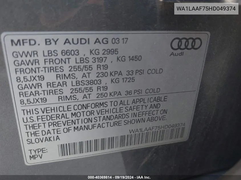 WA1LAAF75HD049374 2017 Audi Q7 3.0T Premium