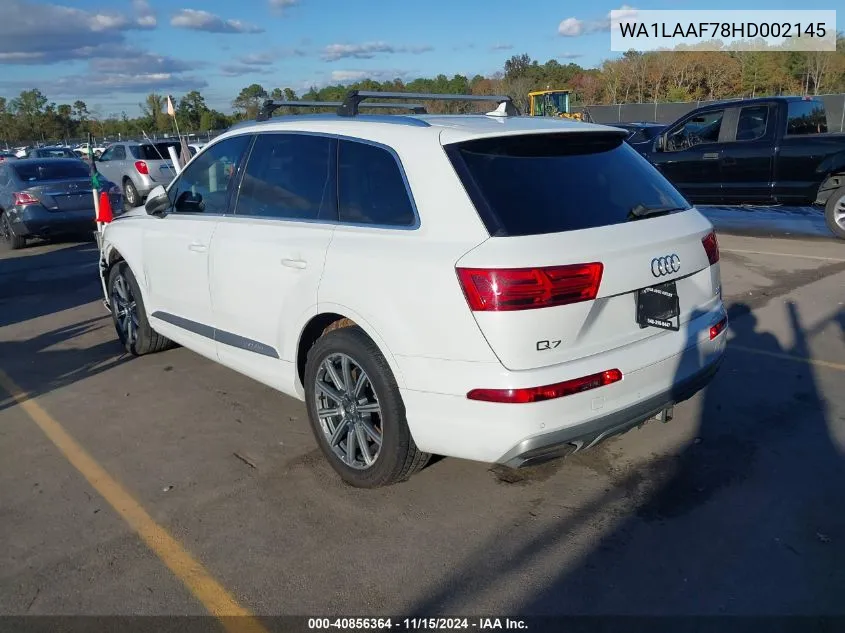 2017 Audi Q7 3.0T Premium VIN: WA1LAAF78HD002145 Lot: 40856364