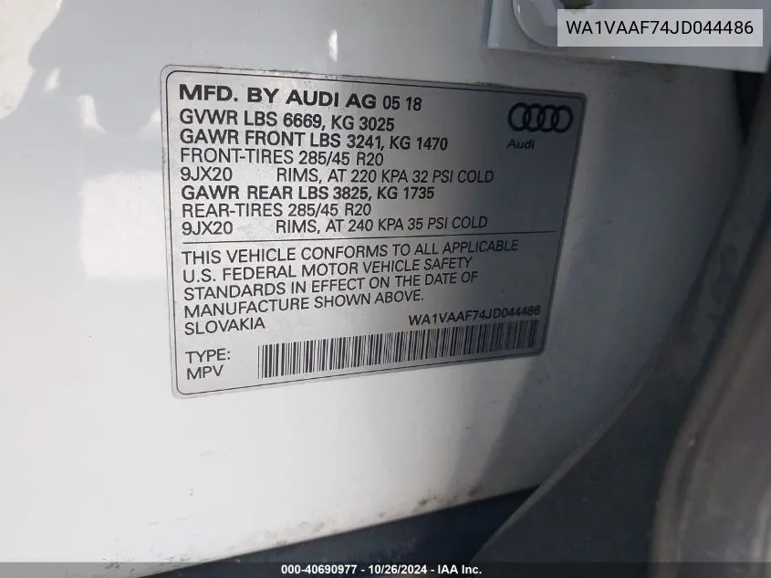 2018 Audi Q7 3.0T Premium VIN: WA1VAAF74JD044486 Lot: 40690977