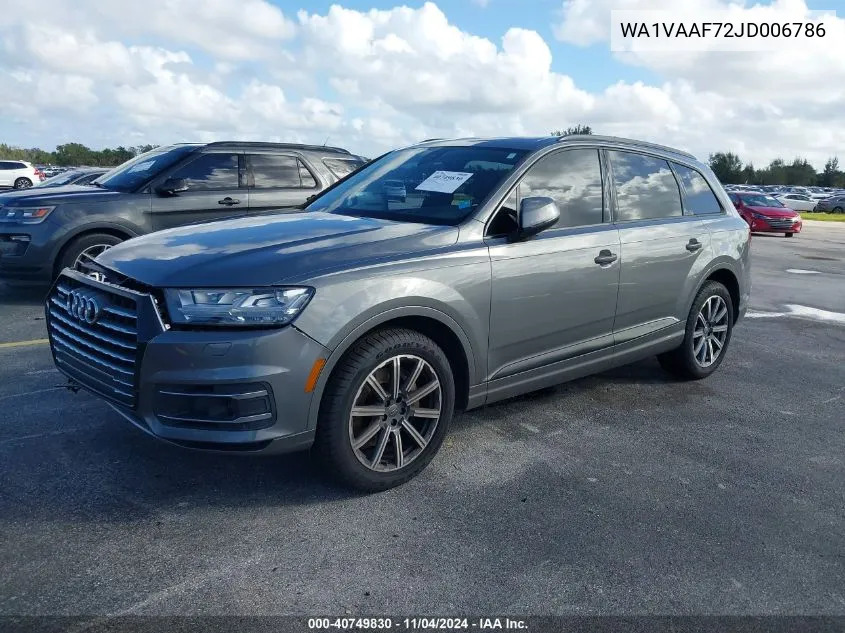 2018 Audi Q7 3.0T Premium VIN: WA1VAAF72JD006786 Lot: 40749830