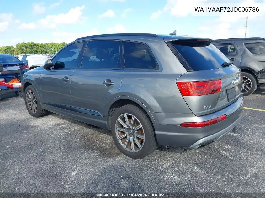 2018 Audi Q7 3.0T Premium VIN: WA1VAAF72JD006786 Lot: 40749830