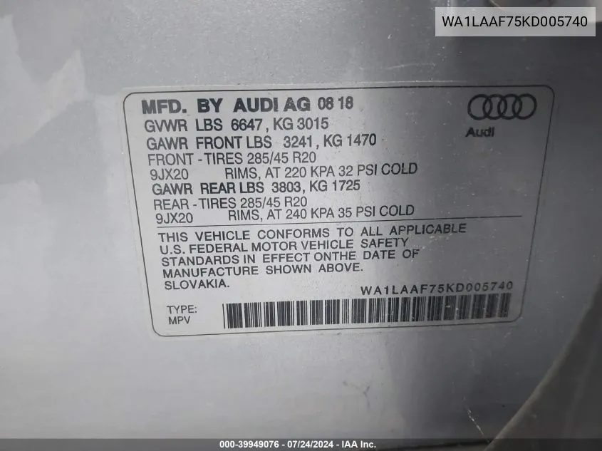 WA1LAAF75KD005740 2019 Audi Q7 55 Premium/55 Se Premium