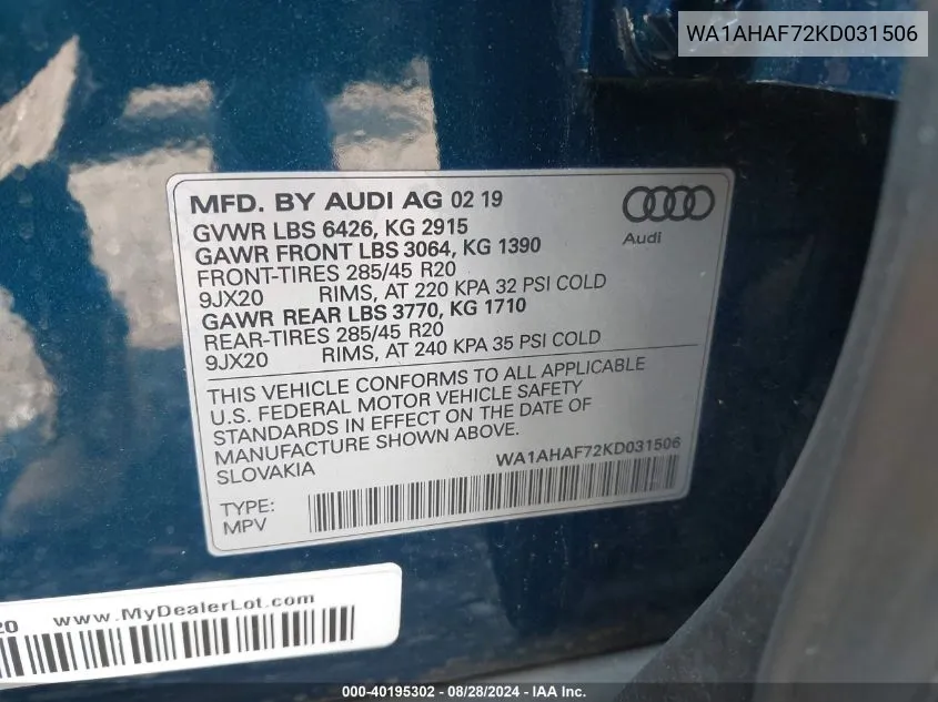 WA1AHAF72KD031506 2019 Audi Q7 45 Premium/45 Se Premium