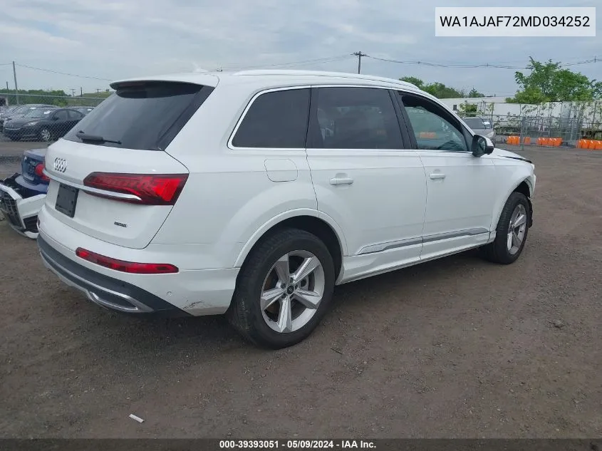 2021 Audi Q7 Premium 45 Tfsi Quattro Tiptronic VIN: WA1AJAF72MD034252 Lot: 39393051