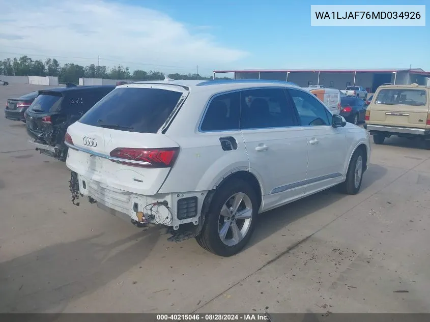 2021 Audi Q7 Premium Plus 45 Tfsi Quattro Tiptronic VIN: WA1LJAF76MD034926 Lot: 40215046