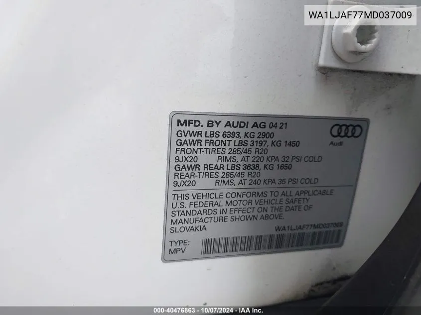 2021 Audi Q7 Premium Plus VIN: WA1LJAF77MD037009 Lot: 40476863