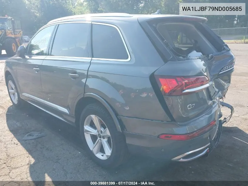 2022 Audi Q7 Premium Plus 45 Tfsi Quattro Tiptronic VIN: WA1LJBF79ND005685 Lot: 39881399