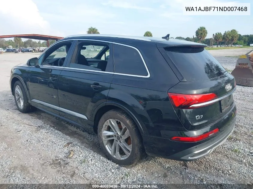 2022 Audi Q7 Premium 45 Tfsi Quattro Tiptronic VIN: WA1AJBF71ND007468 Lot: 40083436