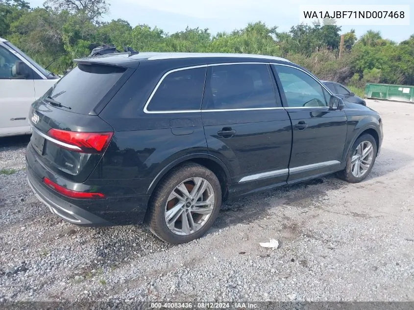 2022 Audi Q7 Premium 45 Tfsi Quattro Tiptronic VIN: WA1AJBF71ND007468 Lot: 40083436