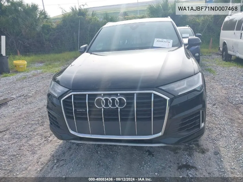 2022 Audi Q7 Premium 45 Tfsi Quattro Tiptronic VIN: WA1AJBF71ND007468 Lot: 40083436