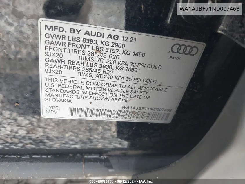 2022 Audi Q7 Premium 45 Tfsi Quattro Tiptronic VIN: WA1AJBF71ND007468 Lot: 40083436