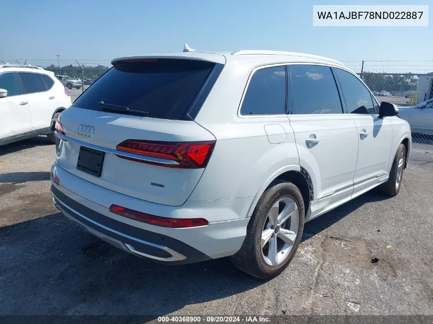 2022 Audi Q7 Premium 45 Tfsi Quattro Tiptronic VIN: WA1AJBF78ND022887 Lot: 40368900