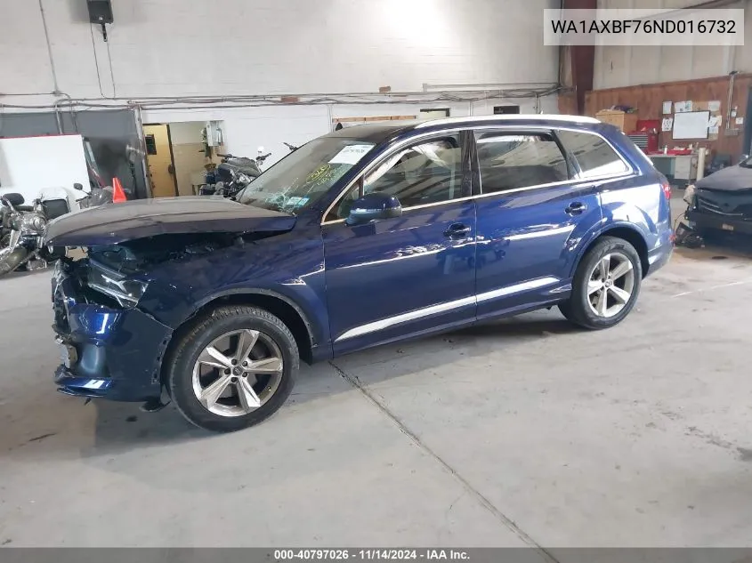 2022 Audi Q7 Premium 55 Tfsi Quattro Tiptronic VIN: WA1AXBF76ND016732 Lot: 40797026