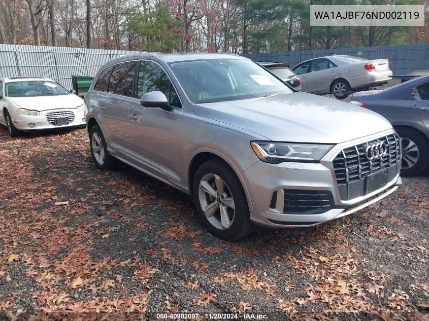 2022 Audi Q7 Premium 45 Tfsi Quattro Tiptronic VIN: WA1AJBF76ND002119 Lot: 40902097