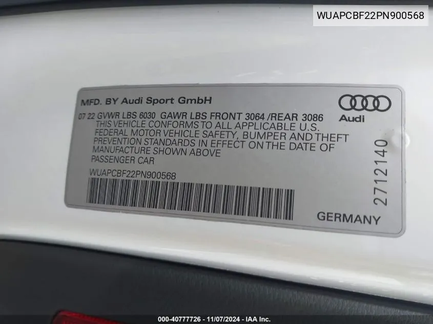 2023 Audi Rs 7 Sportback Tfsi Quattro Tiptronic VIN: WUAPCBF22PN900568 Lot: 40777726