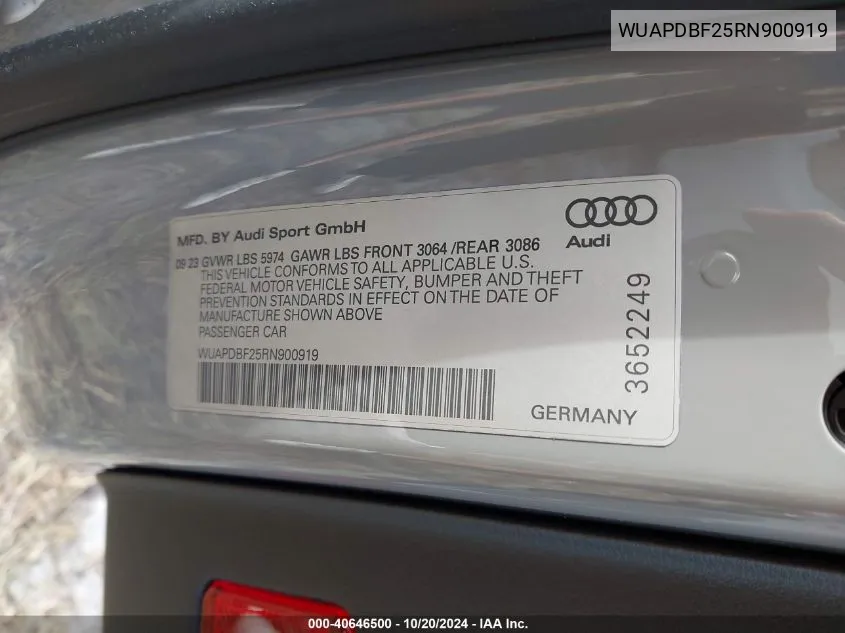 2024 Audi Rs 7 Sportback VIN: WUAPDBF25RN900919 Lot: 40646500