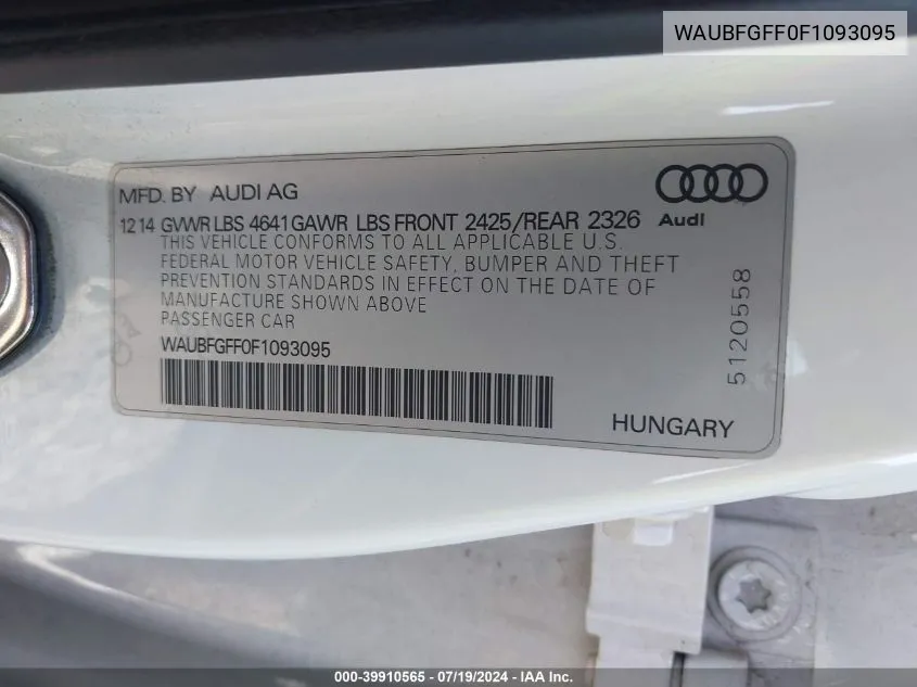 WAUBFGFF0F1093095 2015 Audi S3 2.0T Premium Plus